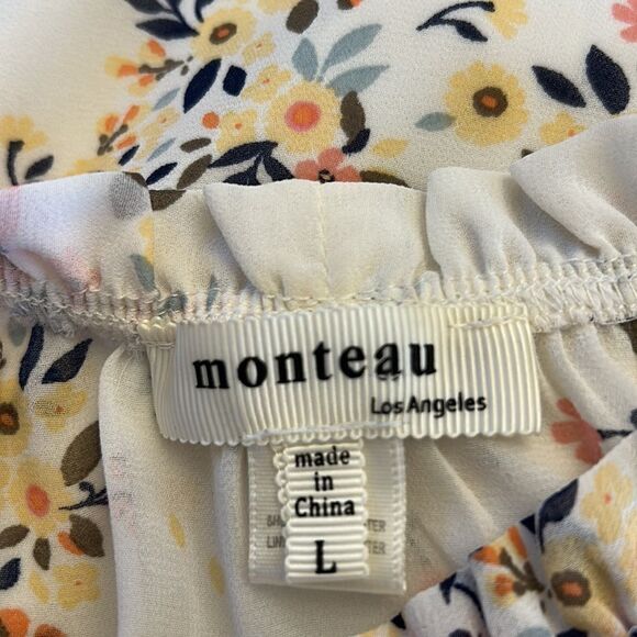 Monteau cream floral ruffle cap sleeve and neckline blouse Size L EUC - Picture 7 of 9